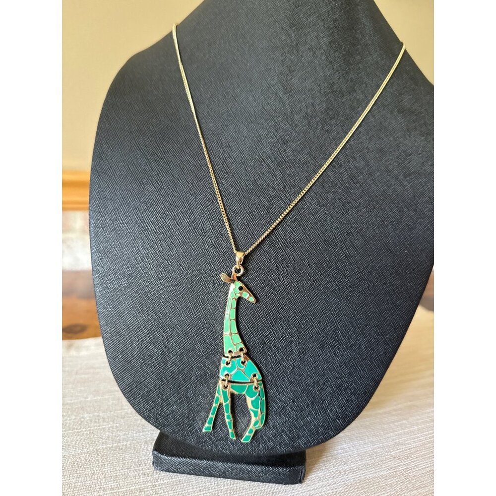 Gold-Tone Giraffe Pendant Necklace With Green Enamel On Long Chain